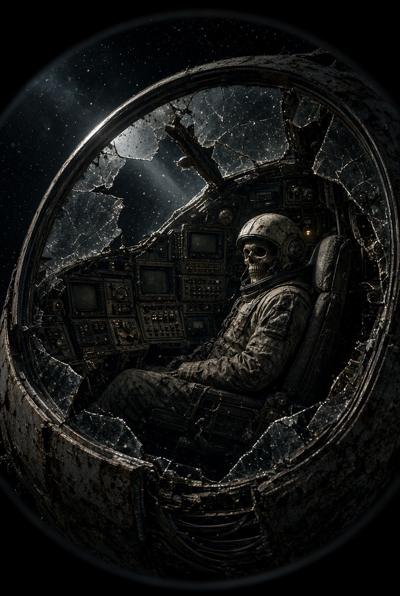 A skeleton astronaut slumped in the pilot seat of a wrecked spaceship, seen through a shattered porthole, lit by old CRT monitors